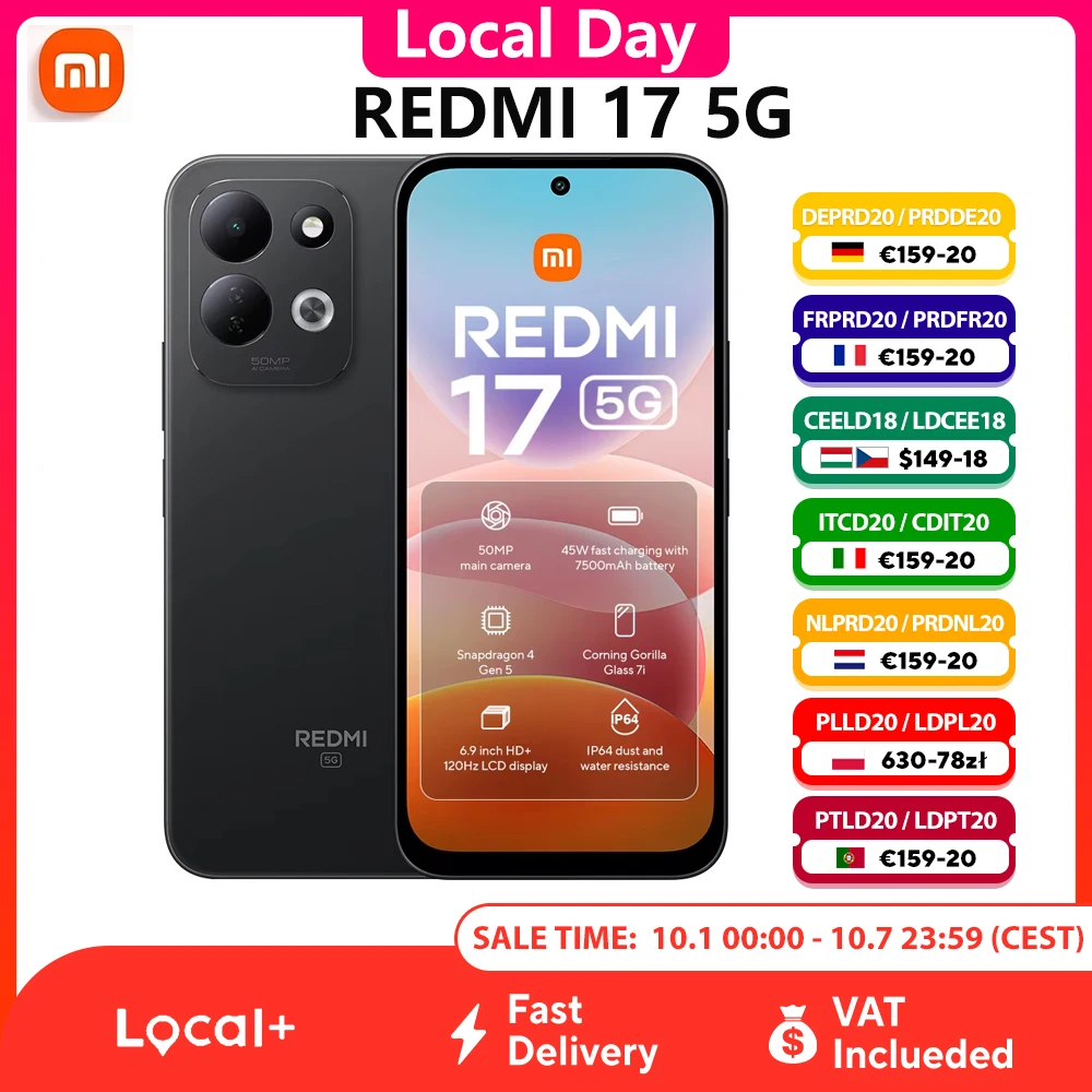 Redmi 17 5G Global-Version Mobiltelefon, NFC, 50MP AI Dual-Kamera-System, 7500mAh Akku, Snapdragon 4 Gen 5, Dual-SIM, AMOLED Display, Schnellladung Smartphone