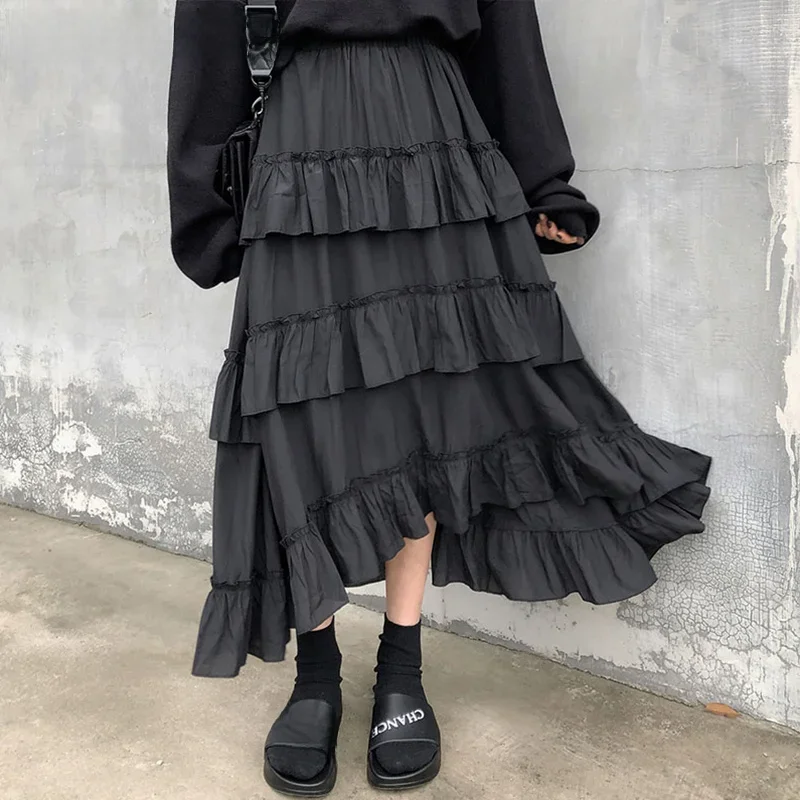 Qiukichonson Midi długie spódnice damskie długa spódnica Goth Lolita lato wysokiej zwężone asymetryczne wysokie niskie Ruched spódnice z falbanami rok — zdjęcie 2
