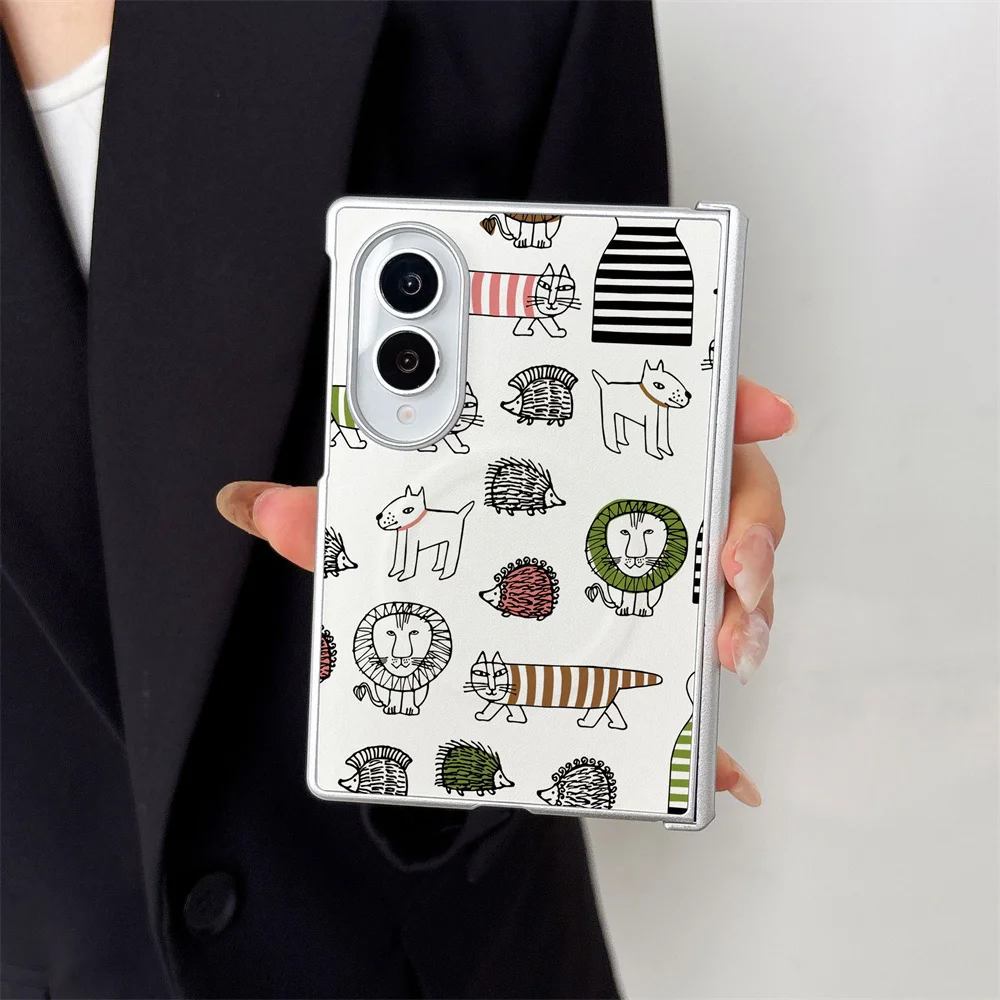 Kawaii Hand Drawn Wild Animal Pattern PU Phone Case For Samsung Galaxy Z Fold 8 7 6 5 4 W26, Magnetic Hinge Full Shockproof Cove