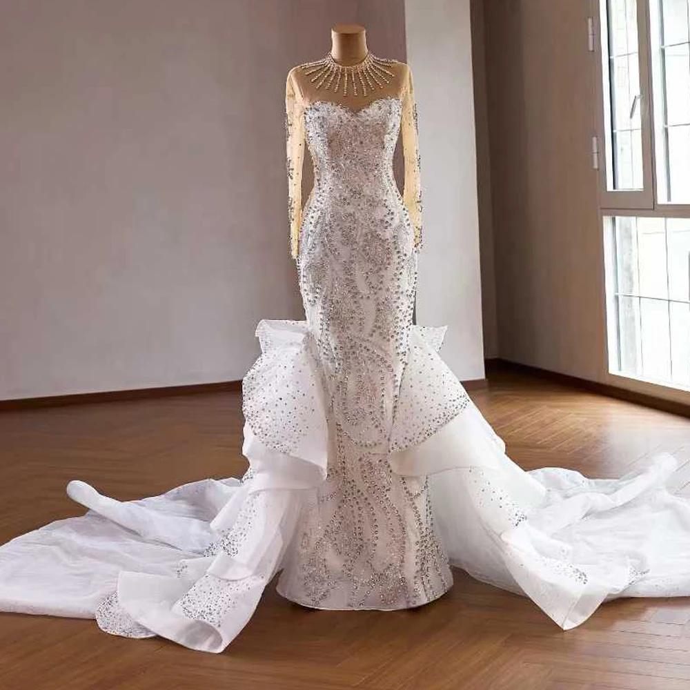 

Mermaid Wedding Dress Luxury 2026 Turtle Neckline Crystal Long Sleeves Vestido De Novia Corte Sirena