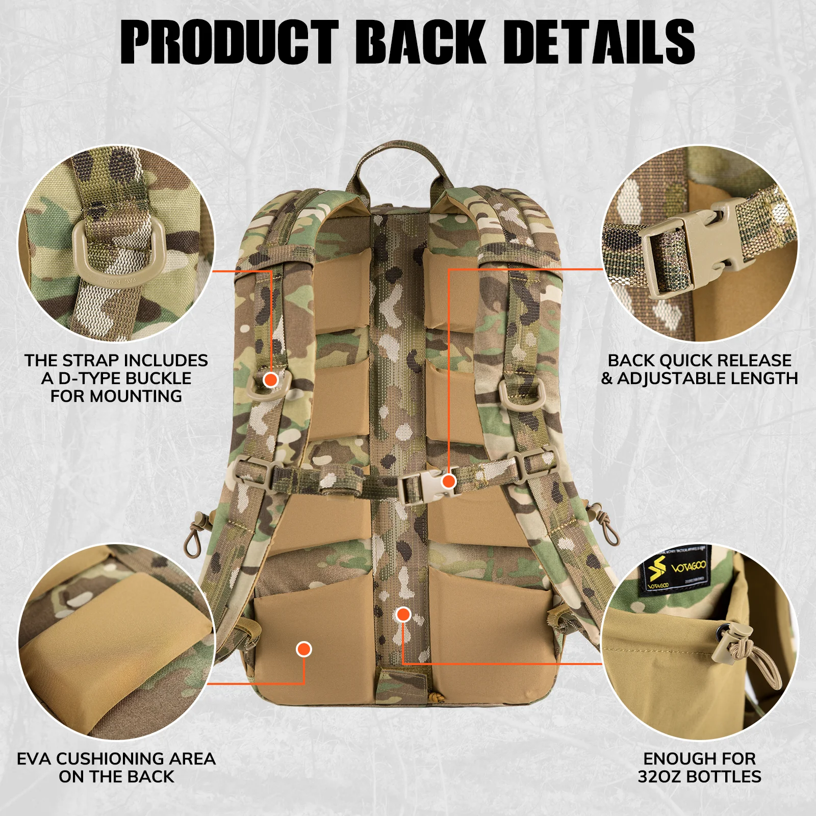 VOTAGOO 탄소 프레임이 포함된 전술 배낭, 15L 데이팟 500D 내구성 방수 팩(16인치 노트북 슬리브 포함)