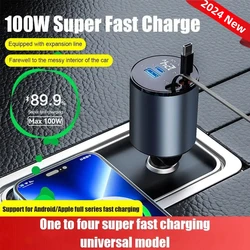 4 IN 1 Retractable Car Charger USB Type C Cable For IPhone Fast Charge Cord Cigarette Lighter Adapter