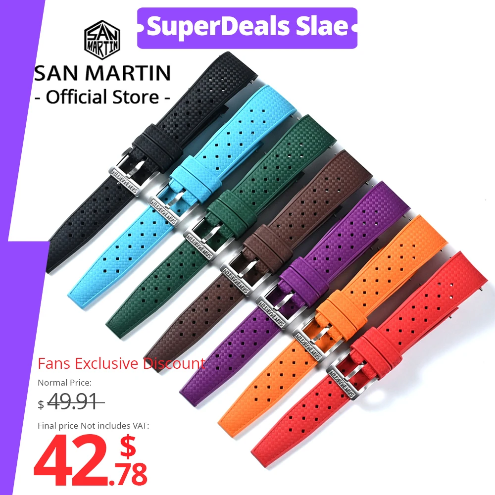 Image of San Martin Uhrenarmband, FKM-Armband, 19 mm, 20 mm, 21 mm, gebogenes Ende, hochwertiges Tropi-Fluorkautschuk, Sommertauchen, wasserdicht, SN0144