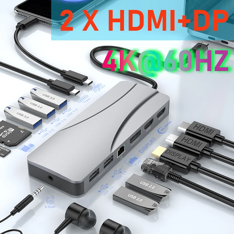 Imagem -02 - Tipo-c Thunderbolt Hub Usb c Docking Station 2x Hdmi Displayport para Laptop Macbook Dell hp Lenovo Asus Huawei Xiaomi Samsung