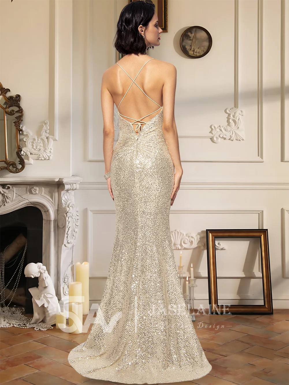 Avondjurk Dames Schede Kolom V-hals Paillettenjurk Sweep/Brush train Geplooid Zomer Formeel Schoolfeest Bruiloft Jurk Met Beensplit