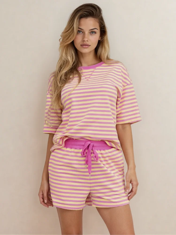 Elsa Stripe Drop Shoulder Boxy Casual Terry Short Set - Sherbet