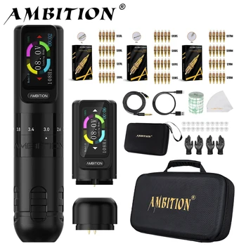 Ambition Seher Kabelloses Tattoo-Maschinen-Stift-Set, 2,2–4,2 mm, einstellbarer Hub, 2400 mAh Kapazität, Akku, starke kernlose Motorversorgung