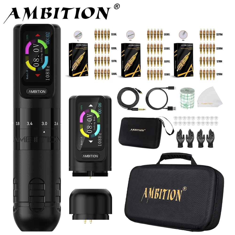 Ambition Seher Bezprzewodowa maszynka do tatuażu Zestaw pióra 2,2-4,2 mm Regulowany skok 2400 mAh Pojemność akumulatora Silny silnik bezrdzeniowy