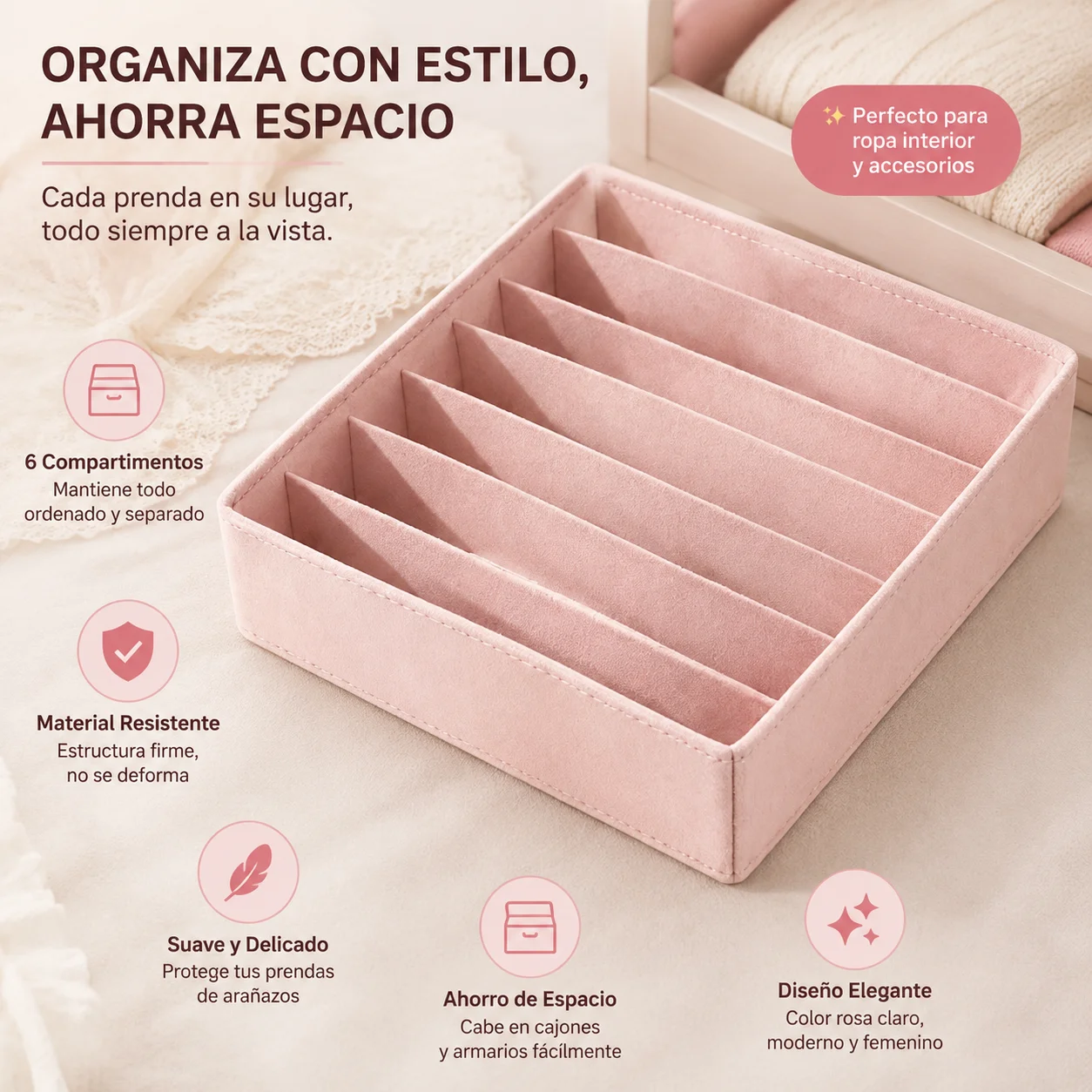 Boîte de rangement carrée rose clair 32x32x9 cm avec 6 compartiments verticaux, tissu doux et respirant, séparateurs rigides pour sous-vêtements, chaussettes, bijoux, bracelets, colliers, idéale pour tiroirs, coiffeuse, chambre à coucher, pliable, gain de place, facile à nettoyer et à transporter.