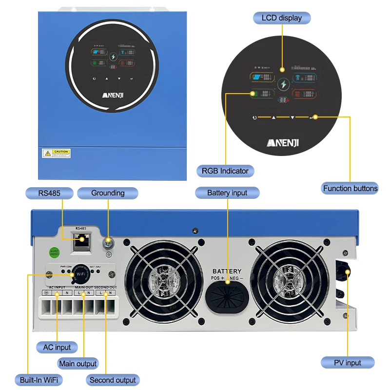 ANENJI 5KW 48V عاكس للطاقة الشمسية الهجين 220 فولت/230VAC MPPT 100A المدمج في WIFI العاكس المزدوج الناتج موجة جيبية نقية PV 500 فولت تشغيل/إيقاف الشبكة