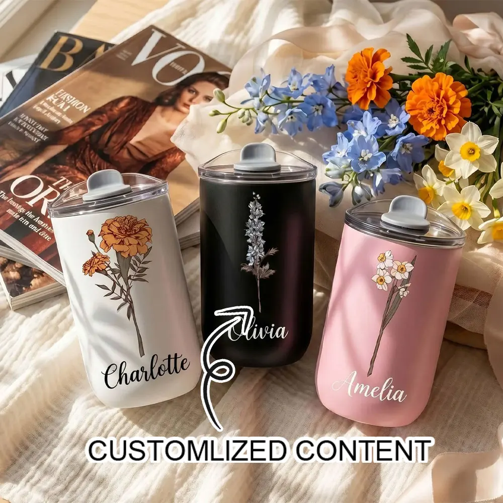 Custom Name Birth Month Flower Stainless Steel Tumbler With Flip Spill Proof Lid Birth Floral Art Insulated Travel Coffee Mug.