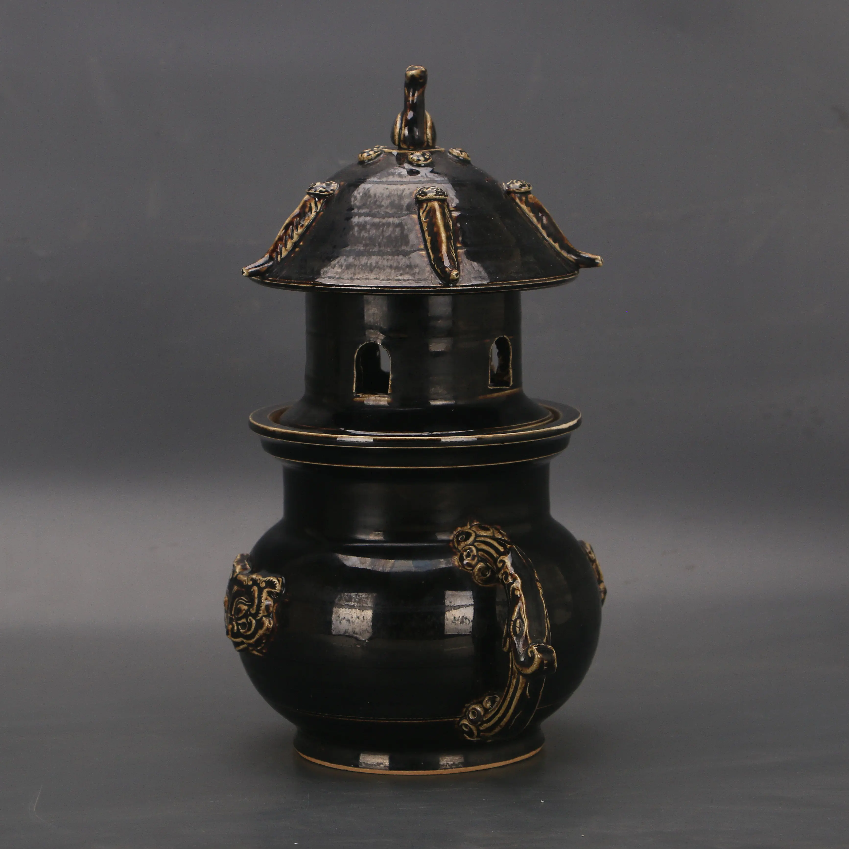 Handmade Song Dynasty Ding Ware Black Glaze Carved Mythical Beast Double Handled Openwork Incense Burner Home Decor Collectible