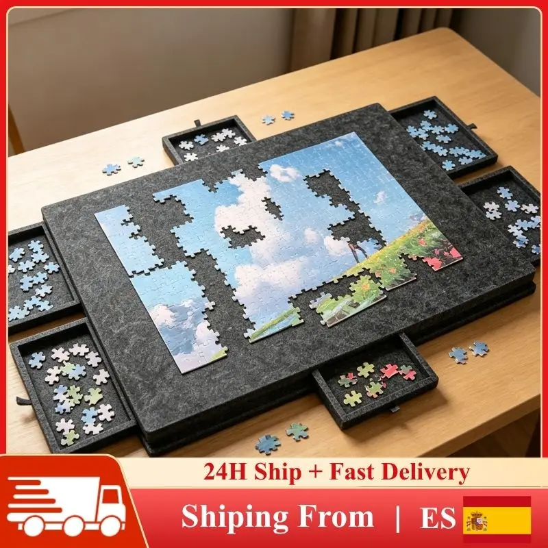 Table de puzzle pliable en feutre avec 6 tiroirs, table de puzzle portable 2-en-1 avec support inclinable et housse anti-poussière, tapis en feutre léger pour puzzle
