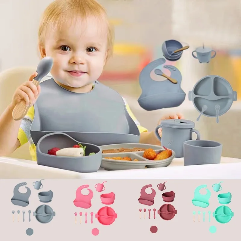 Conjunto de Alimentação Kit para Bebês de Silicone 8 Peças Prato Babador Copo Tigela Talher Bebê Criança