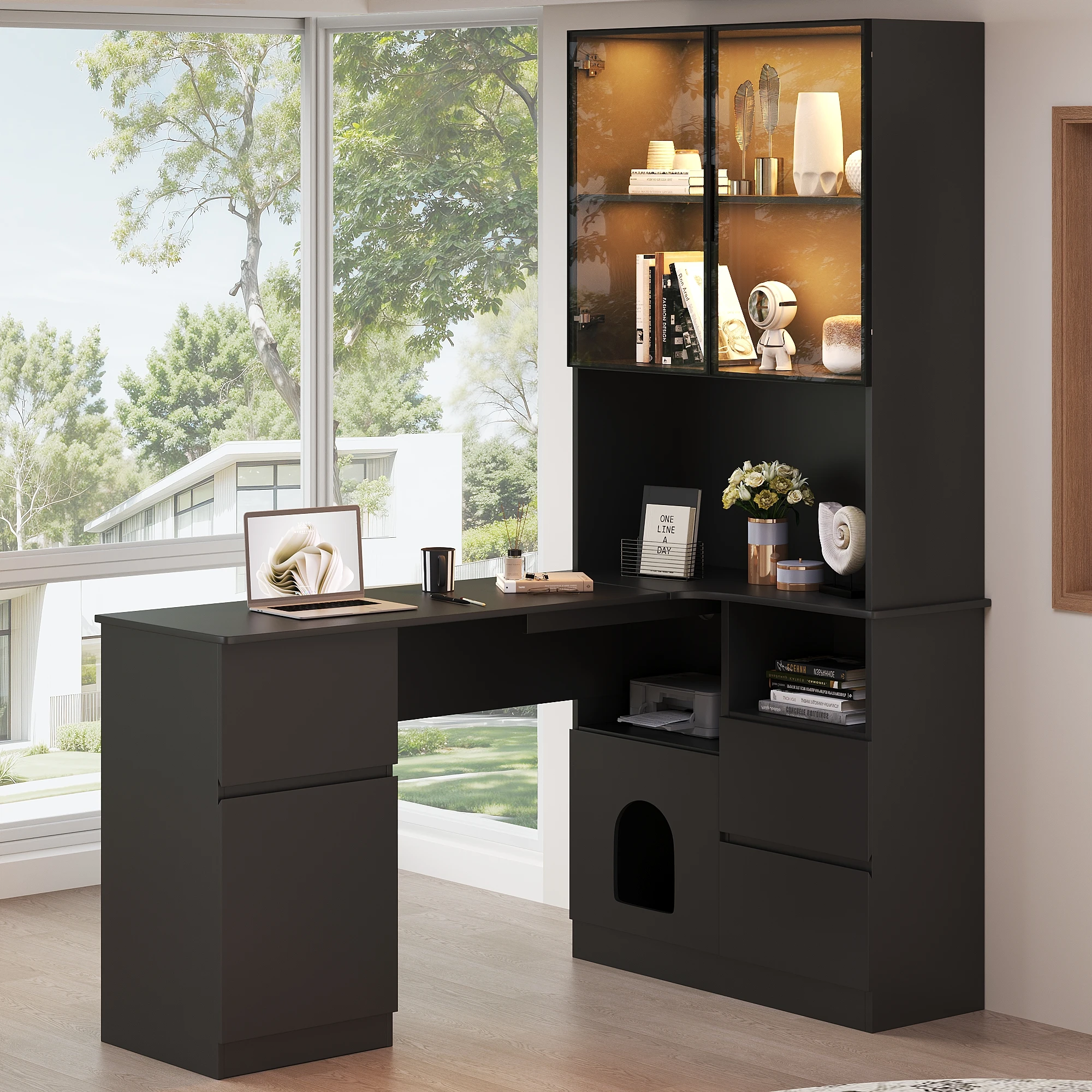 L-förmiger Eckschreibtisch mit Regal und LED-Vitrine, 120x80x180cm Home-Office-Schreibtisch mit integriertem Bücherregal, Kabeldurchführung, 3 Schubladen, 2 Türen und offenen Fächern, Arbeitsplatz,
