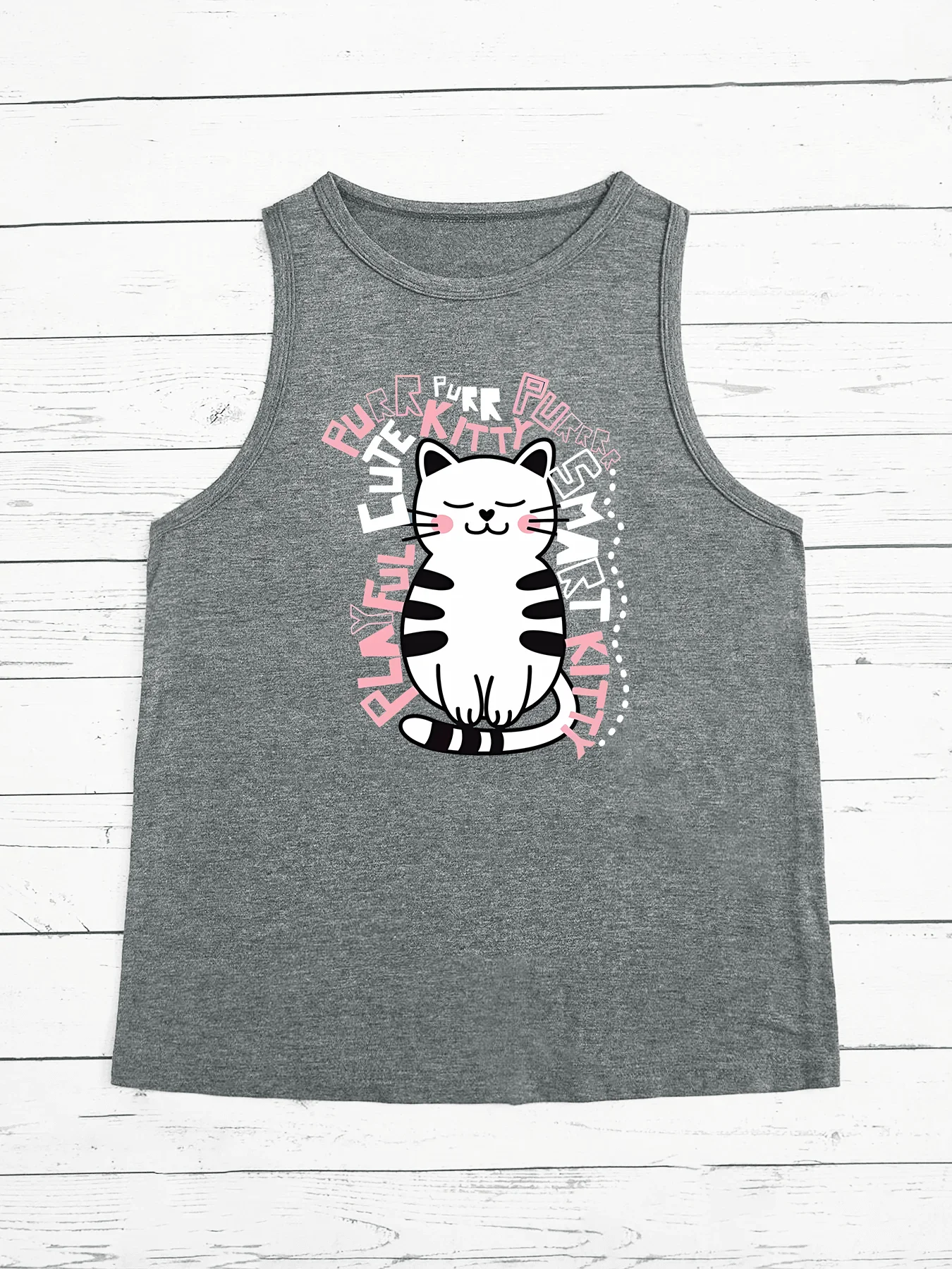 Playful Cute Purr Kitty Smart Kitty Summer Fashion Funny Sports Women's Tank Top Loose O Neck Sleeveless Casual Tank Top