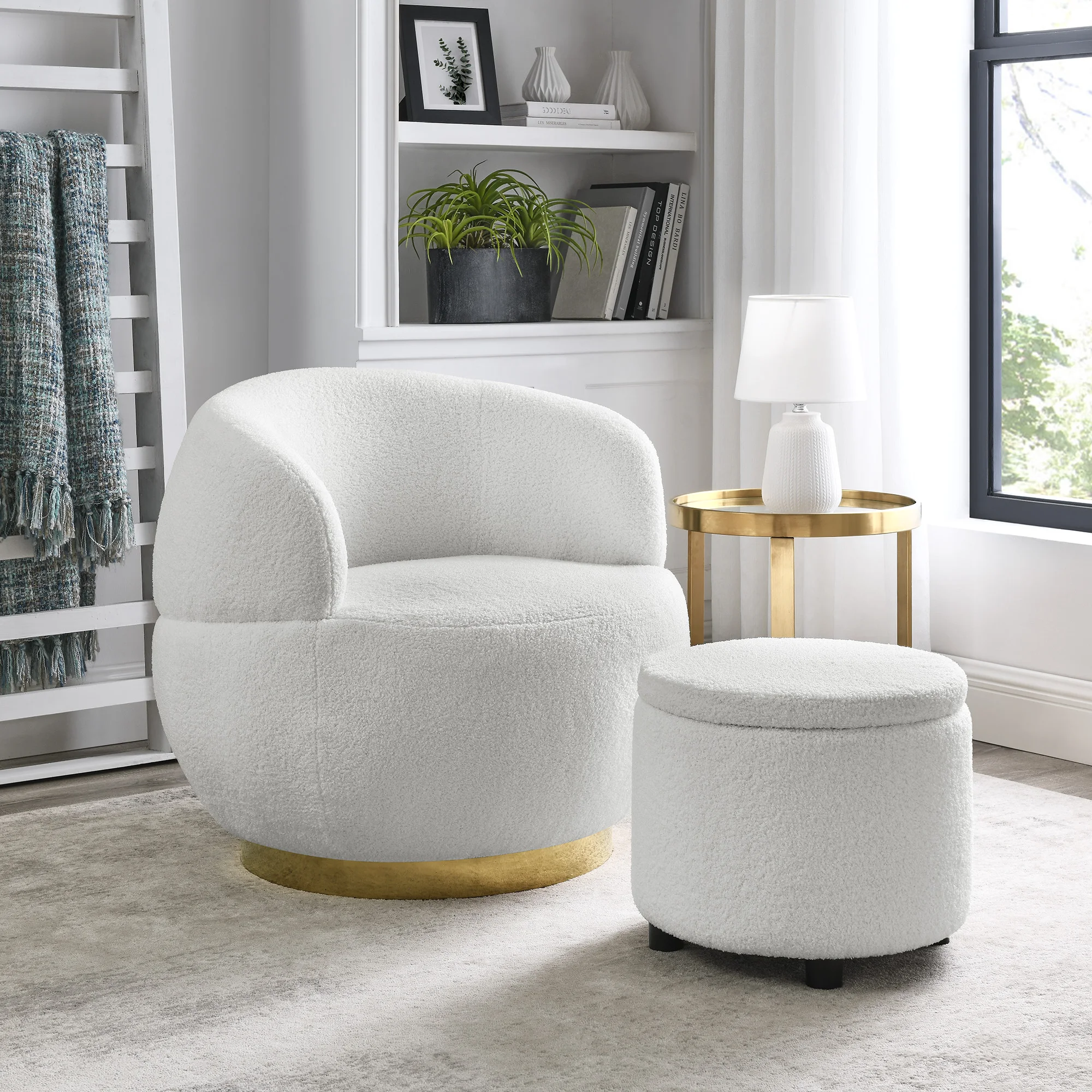 [Flash Sale]Teddy Fabric Swivel Barrel Chair with Gold Stainless Steel Base&Storage Ottoman Ivory/Black/Grey[US-W]