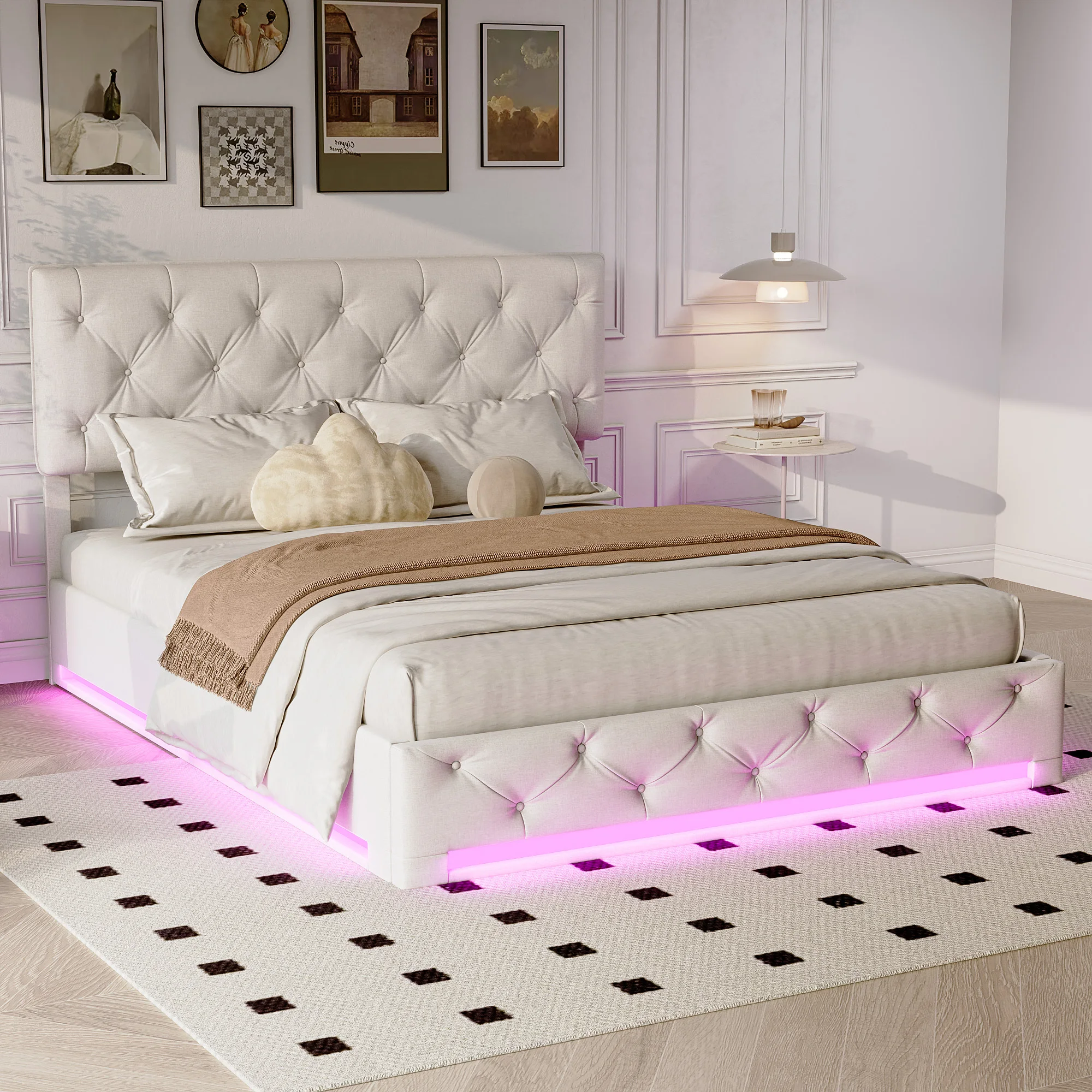 Anajqaqia Letto matrimoniale 160 x 200 cm, letto contenitore idraulico, struttura letto imbottita per adulti con testiera regolabile in altezza, letto a piattaforma color bianco sporco per camera da