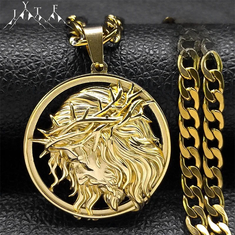 Collier pour hommes, couronne de jésus d'épines, chaîne de couleur or en acier inoxydable, médaille Crucifix, bijoux religieux NZZ460S05