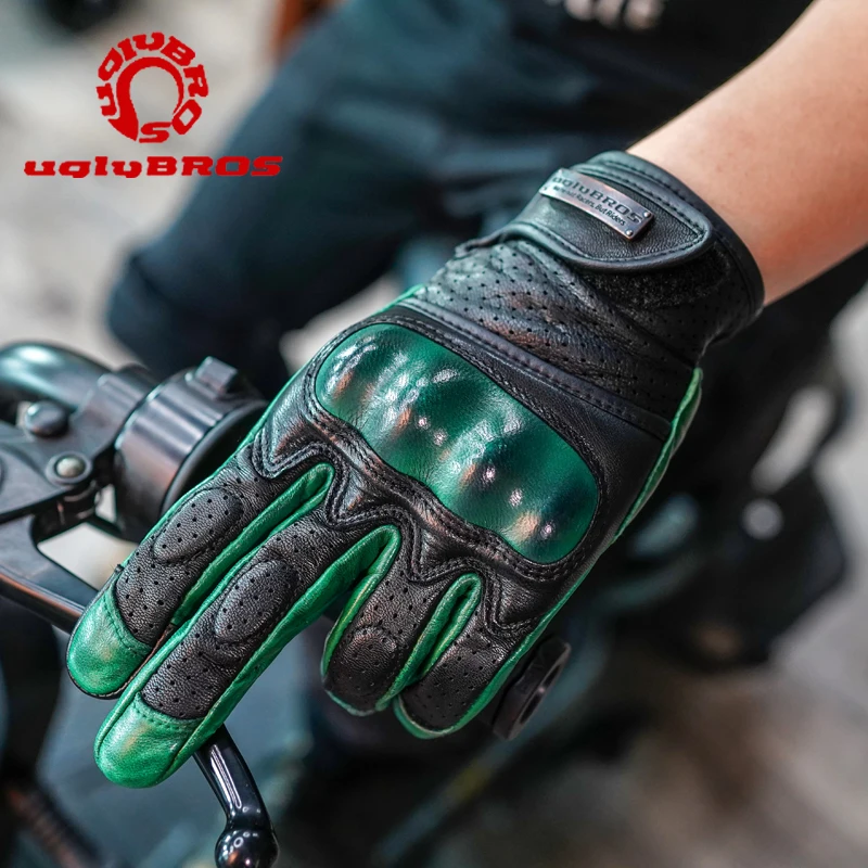 

UGLYBROS Leather Motorcycle Gloves Full Finger Summer Breathable Men's Retro Riding Gloves for Motorbike MTB Driving Motocross