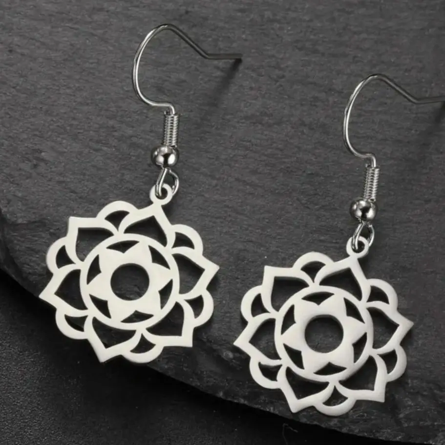LIKGREAT Stainless Steel Lotus Flower Earrings Elegant Mandala Chakra Drop Pendant Women Healing Buddha Spiritual Yoga Jewelry