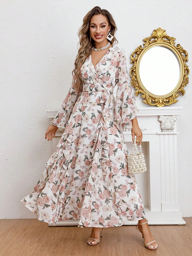 

X10 Dress fashionable V-neck printed evening dress