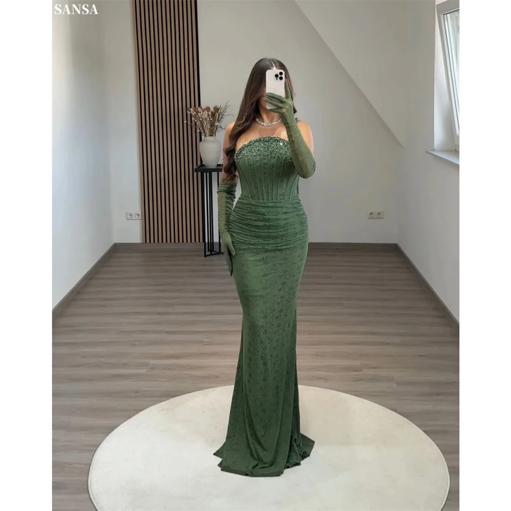

Sansa Customized Green Mermaid Beaded Pleats Prom Dress Strapless Sleeveless Vestidos De Noche Floor-Length Formal Evening 2026
