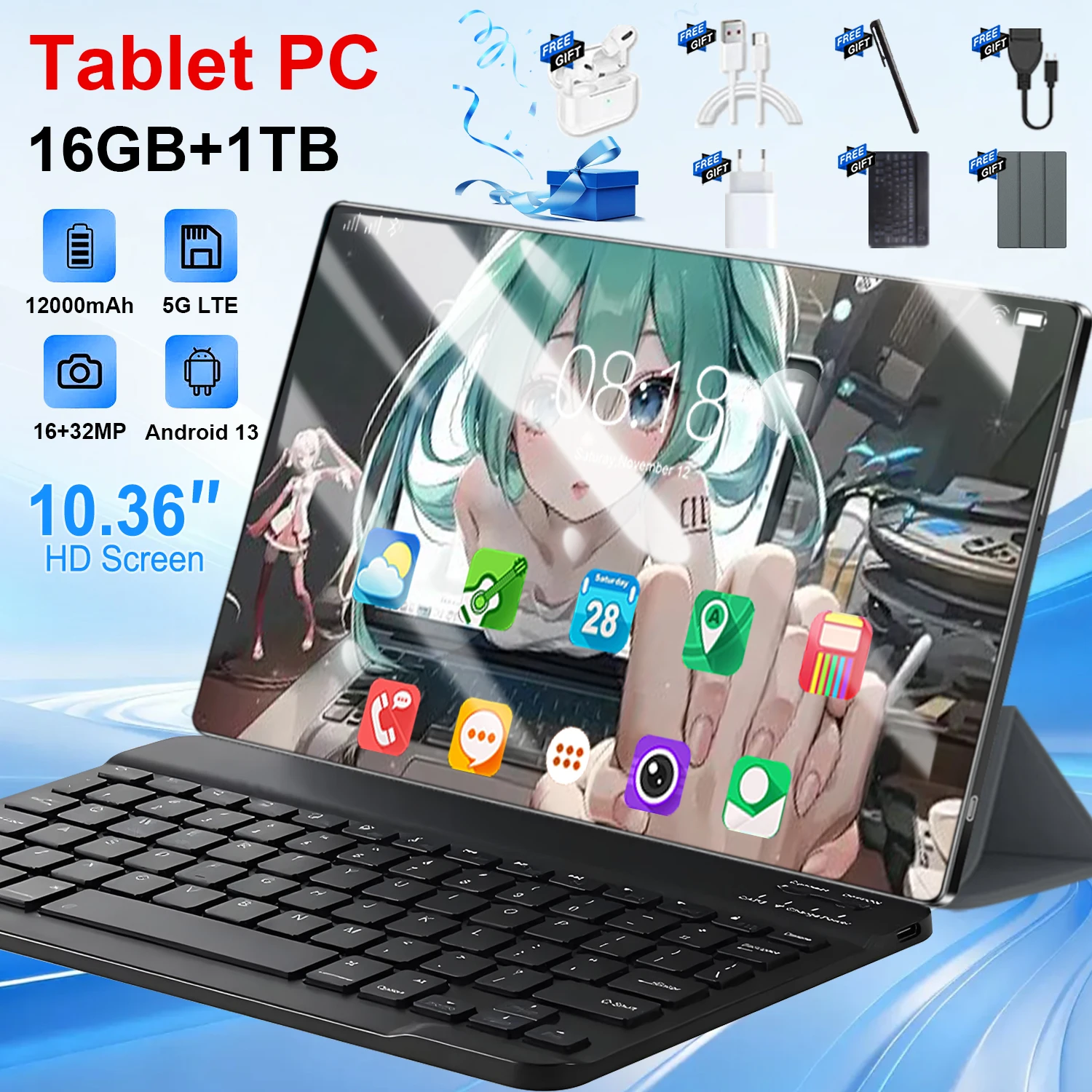 Tableta Android de 20000 mAh, 14 núcleos, 16 GB de RAM, 1 TB de ROM, Android 13, 5G, WiFi, doble SIM, cámara, 10,36 pulgadas, Bluetooth