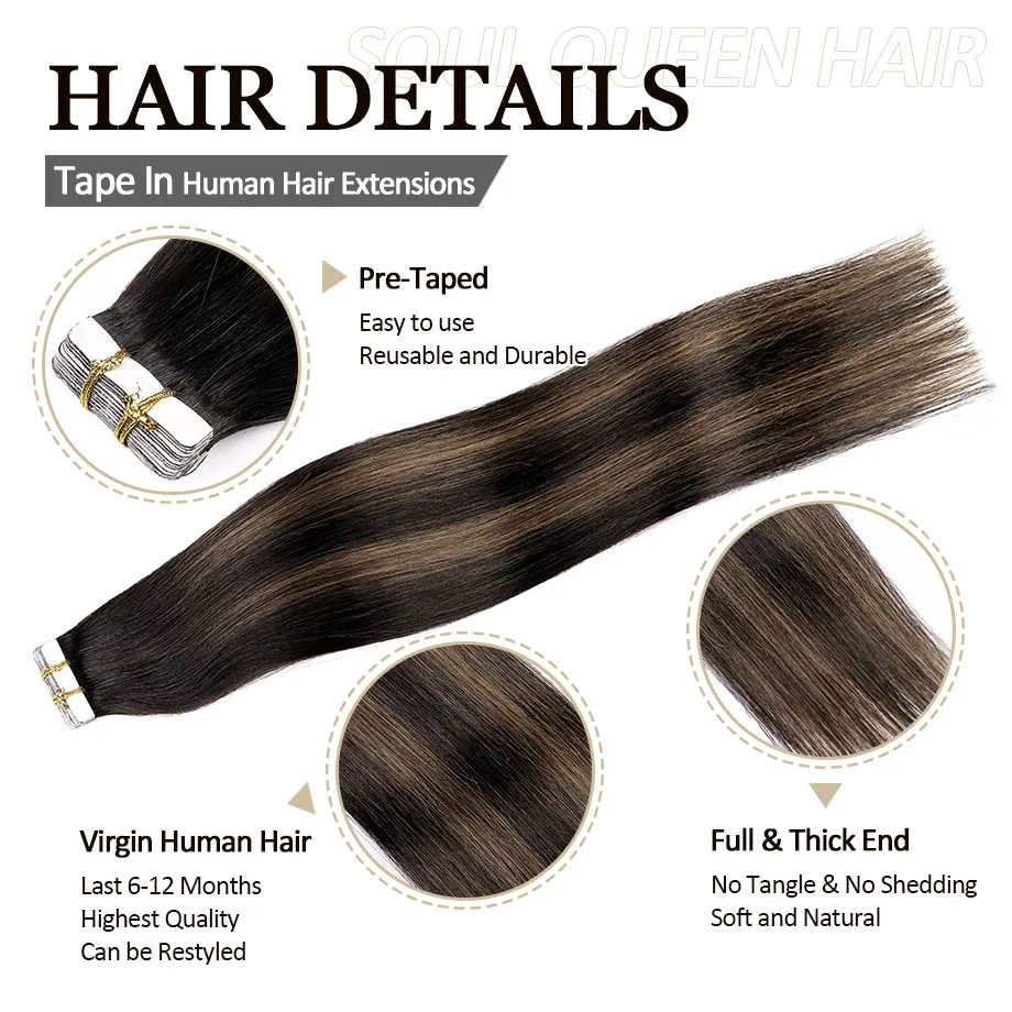 Tape in Hair Extensions Human Hair Balayage Natural Black Highlighted Chestnut Brown 20pcs 50g Remy Tape in Human Hair Extension