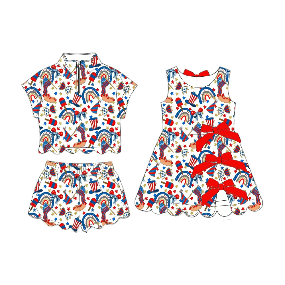 Boutique Children's Set Matching Sister Style Girls Two-Piece Set Bow Decoration July 4th Print Girl Dress and Set Custom