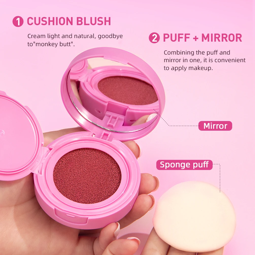 QIBEST Air cushion powder blusher Palette Long-lasting Natural Cheek Contour Tint Peach Pink Face Blusher Cosmetics Cheek Blush