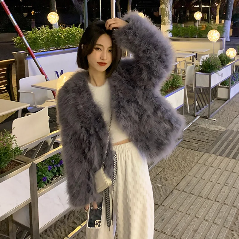 Ostrich Feather Coat for Women, 100% Natural Fur Coats, V Neck, Long Sleeve, Ladies Nightclub, Turkey Jackets, Winter Fashion