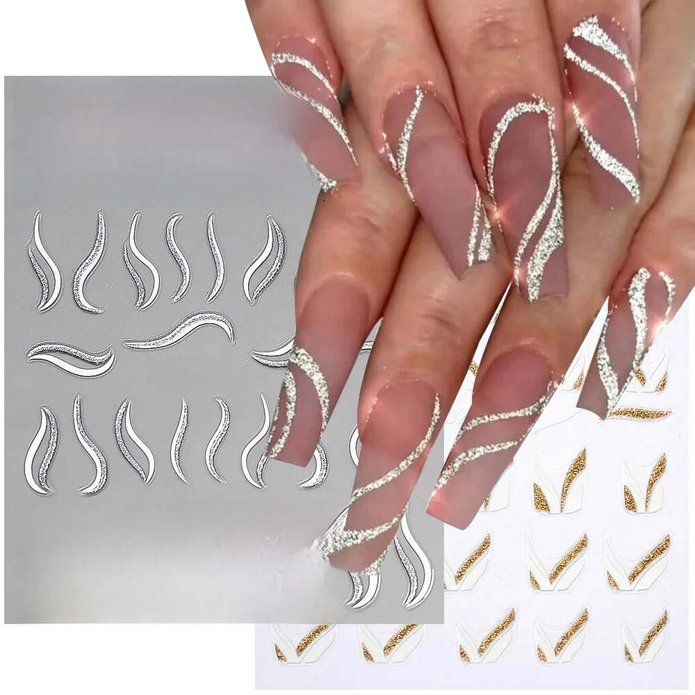 Décalcomanies pour ongles rayés brillants, lignes françaises scintillantes, décalcomanies de manucure, décoration française, argent, or, N64.1 pièce
