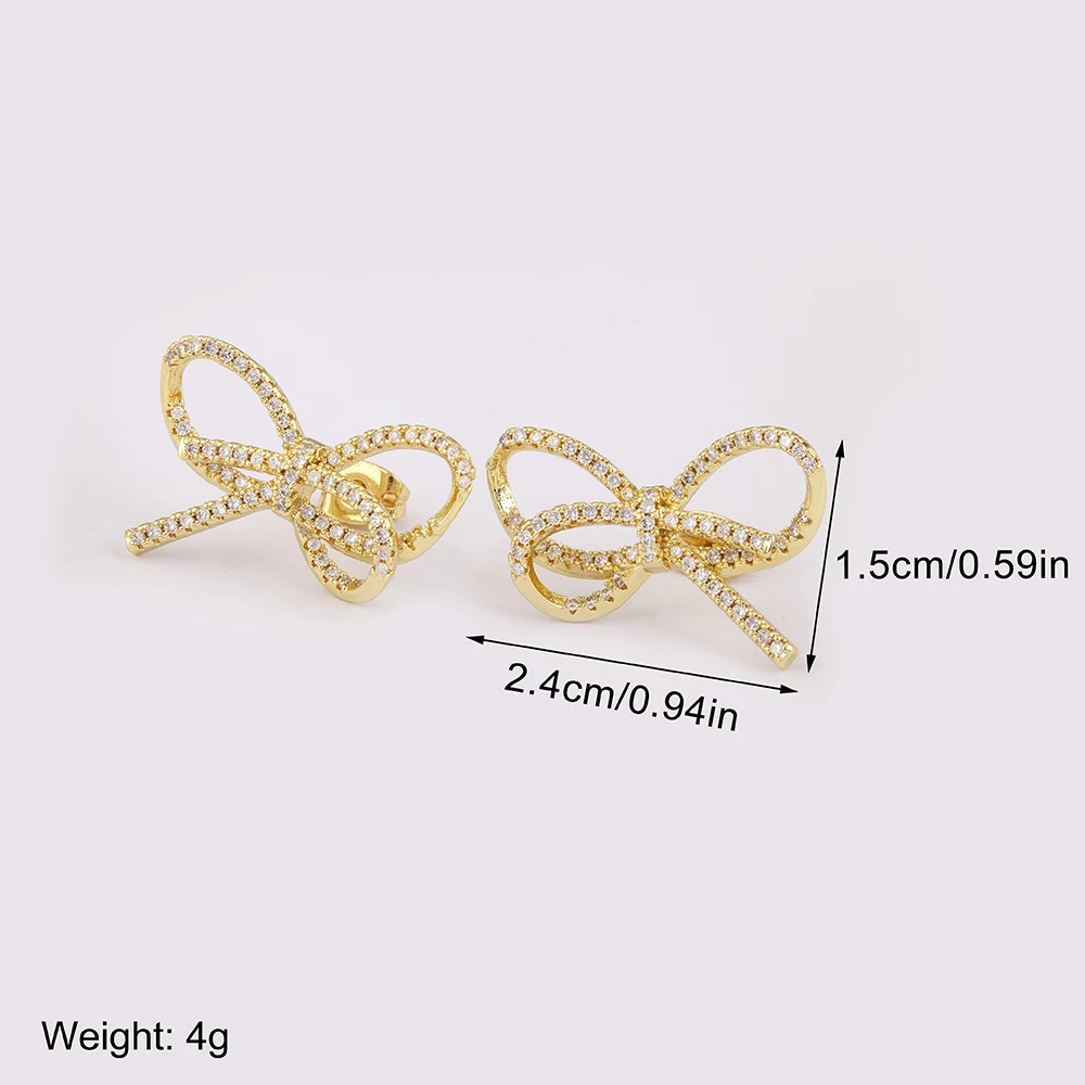 Nidin High Quality Bow Shape Aesthetic Lucky Stud Earrings For Women Sparkling Zircon Ear Jewelry Wholesale Accessories Gifts image 2
