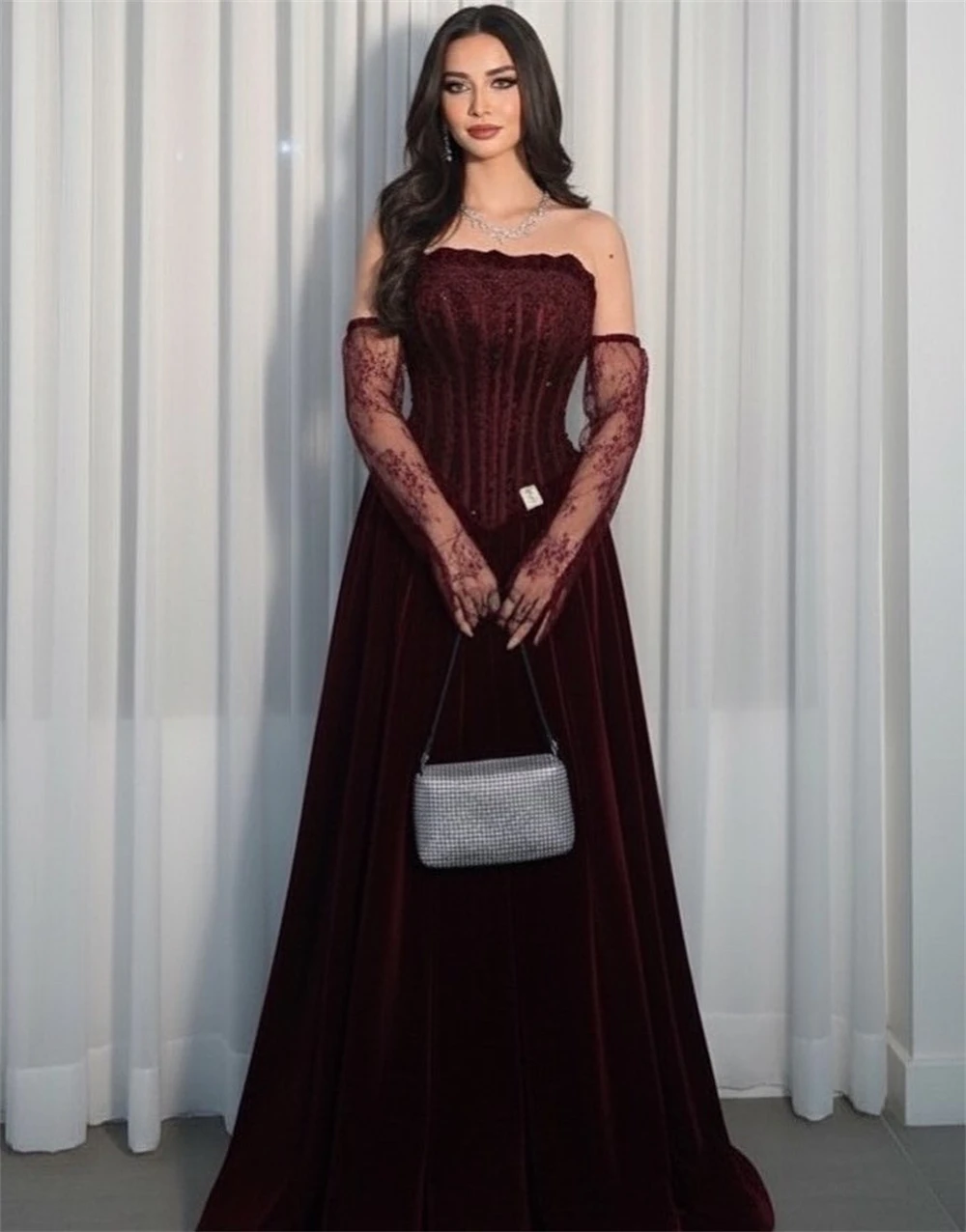 Sansa op maat gemaakte glanzende pailletten A-lijn strapless met handschoenen galajurk mouwloos vestidos de noche vloerlengte formele avond