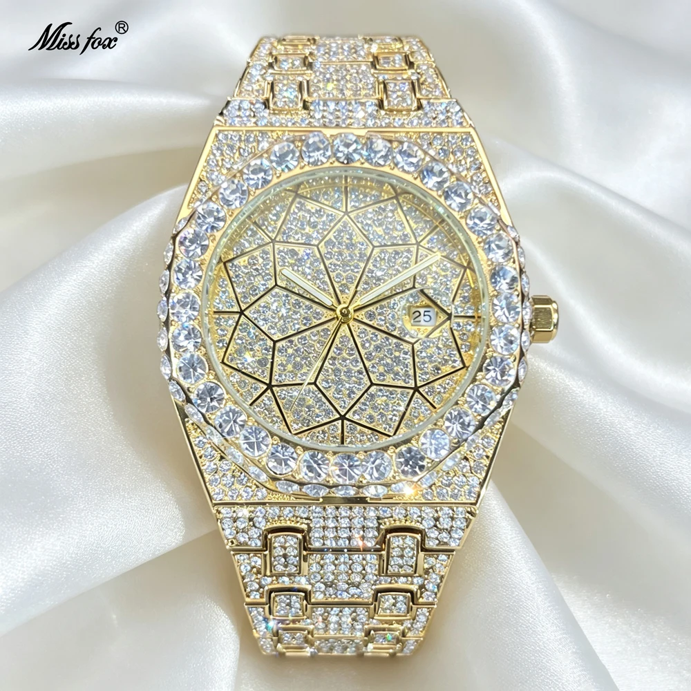 Мужские часы Missfox Luxury Gold: полностью инкрустированные кристаллами, кварцевые, с календарем, в стиле хип-хоп, с эффектом «ледяного» блеска, подарок для мужчин, 2026 год
