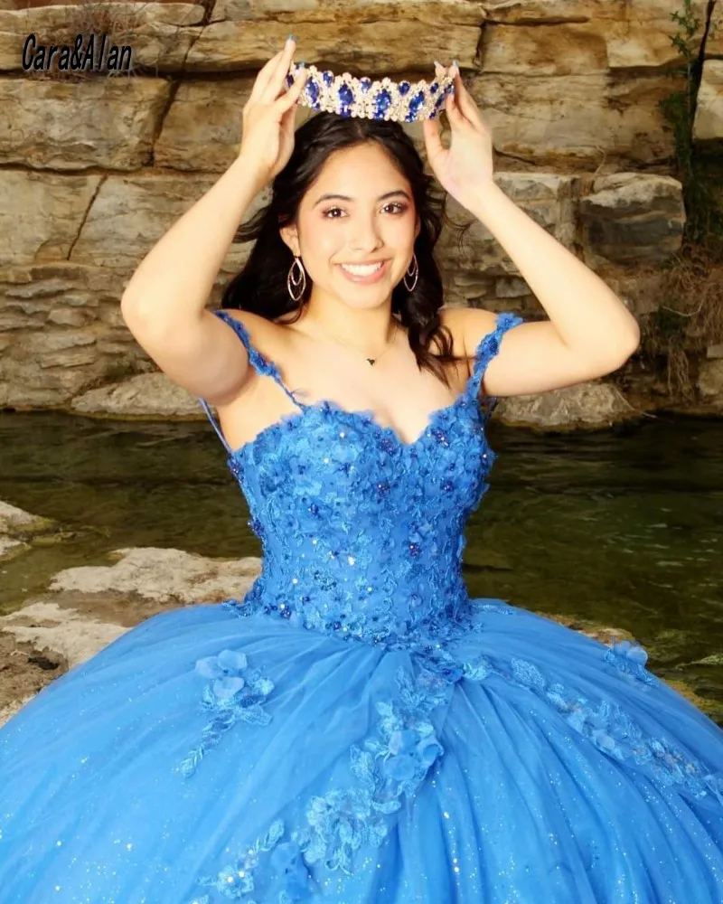 Cara & Alan-elegante vestido de quinceañera azul para niña, vestido de fiesta de 15 años, con apliques florales