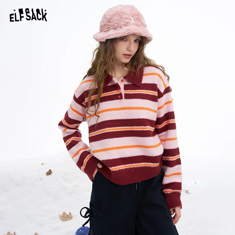 

ELFSACK 2025 Winter New Arrivals Y2K Preppy Casual Stripe Polo Shirt Collar Flower Button Sweater For Women