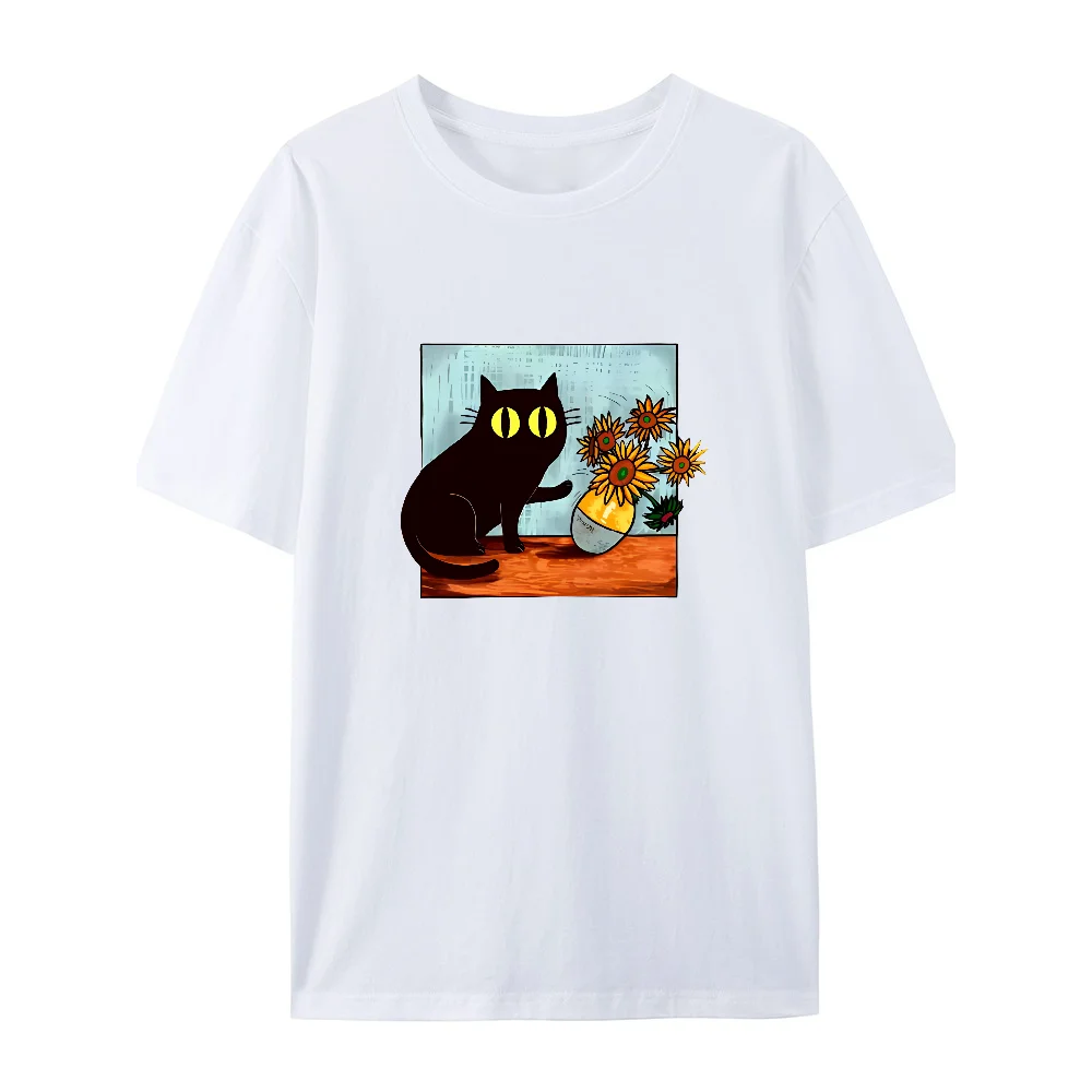 Van gogh gato impressão gráfica camisetas moda dos desenhos animados t camisa feminina flor gato preto o-pescoço manga curta topos streetwear roupas