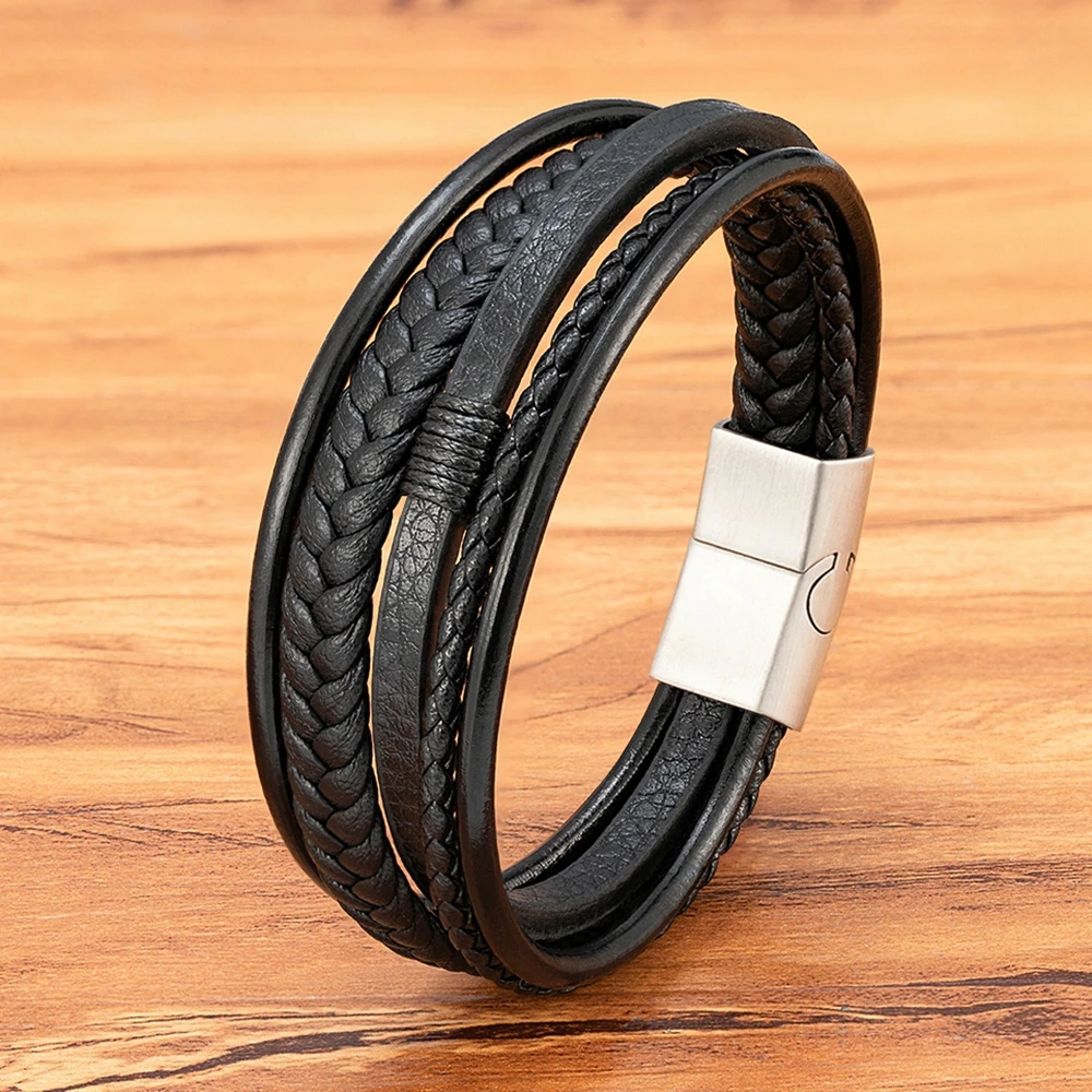 TYO Hand-Woven Leather Men Bracelet Leather Multi-layer Stainless Steel Magnetic Buckle Accessories Party Jewelry Bangle Gift