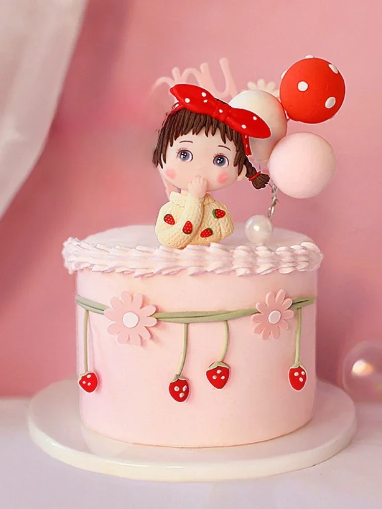 Cute Pink Girl Cake Topper Soft Taupo Point Bow Strawberry Playful Kids Doll Plug-in Party Dessert Cake Decoration Dress Up — zdjęcie 2