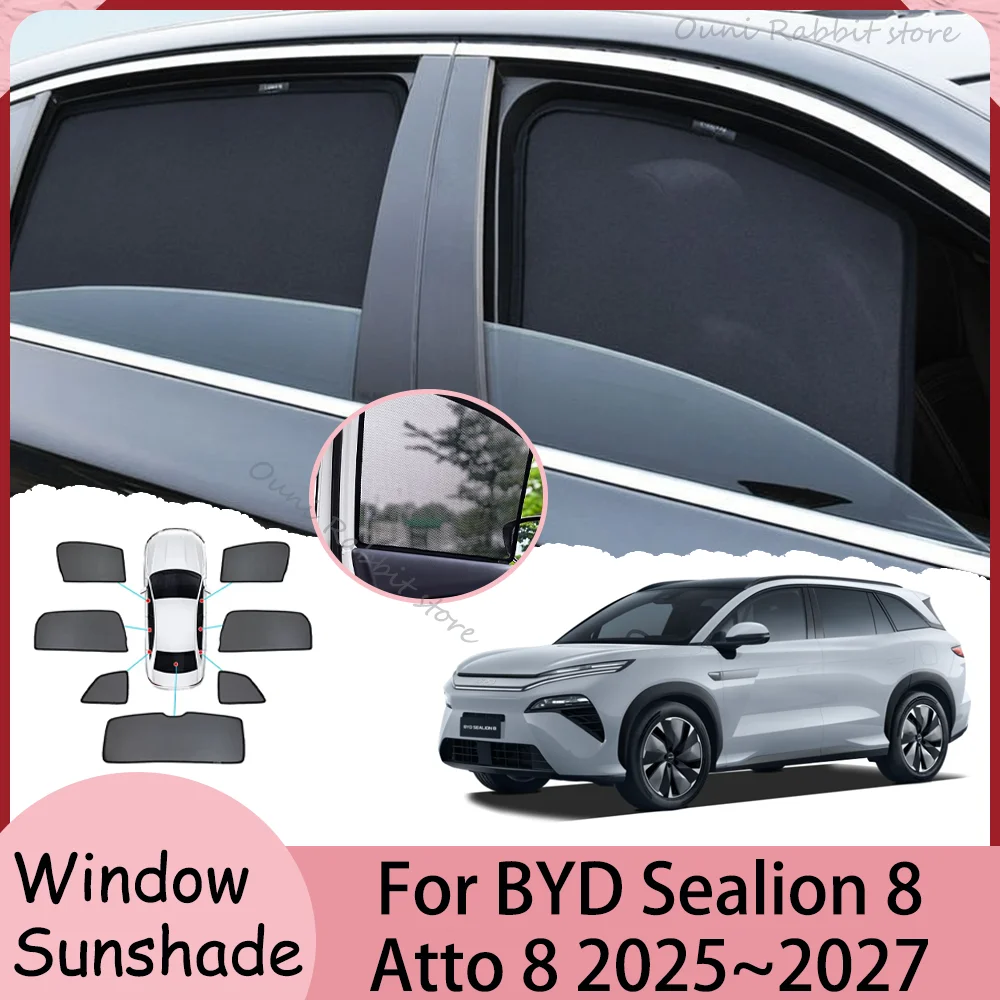

Для BYD Sealion 8 Atto 8 2025~2027 2026: Магнитные сетчатые солнцезащитные шторки для боковых окон, аксессуары для защиты от солнца в салоне автомобиля