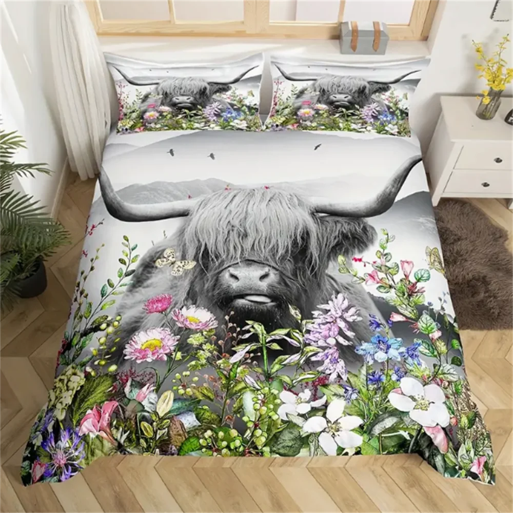 Highland Cow Duvet Cover, Watercolor Flowers Animals Plants Bedding Set 2/3pcs For Women Men Adults Room Decor, Fashionable