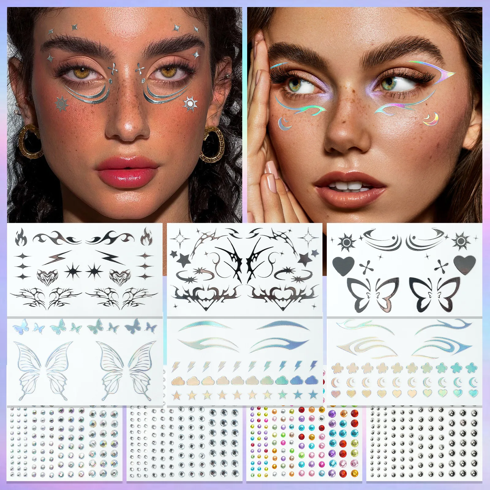 MLSMILE Holographic Face Tattoo Stickers: Waterproof 3D Glitter Eye Makeup & Eyeliner Stickers