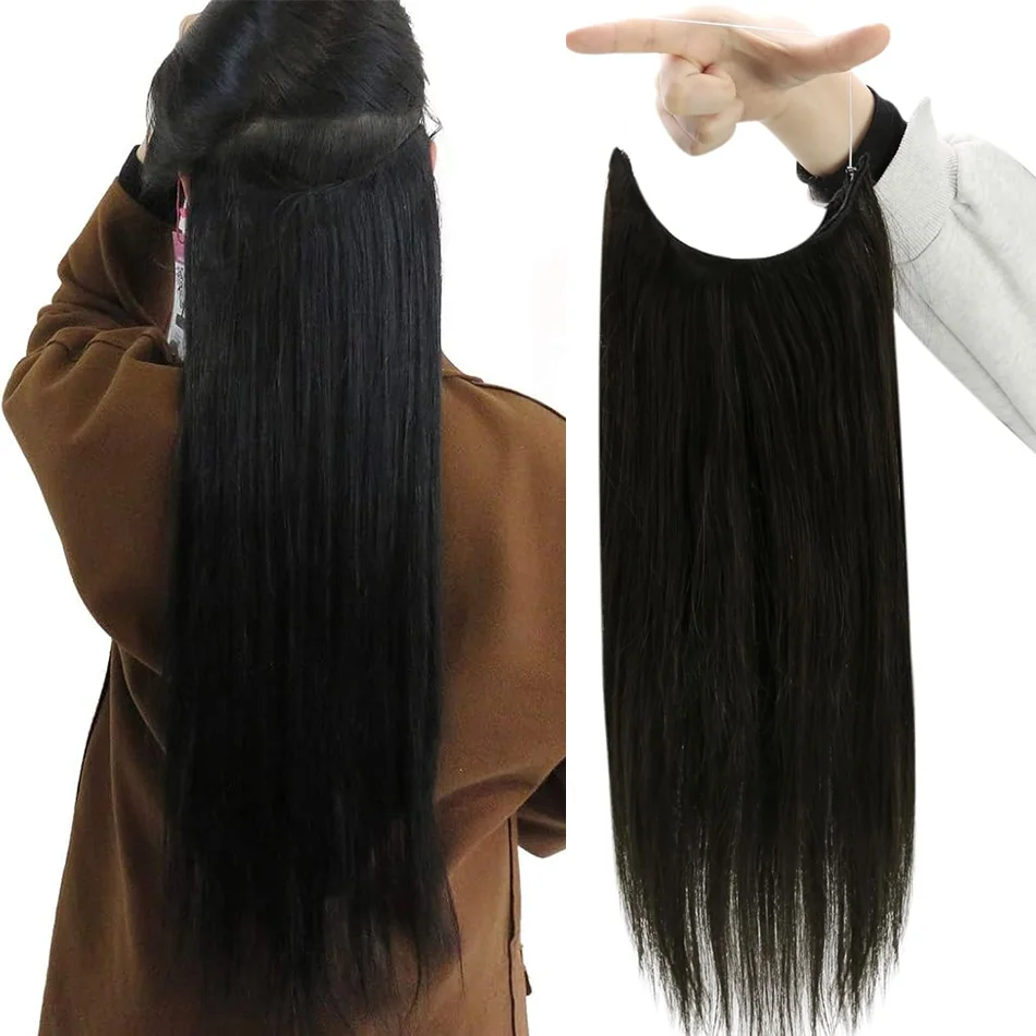 Invisible Clip in Hair Extensions BrazilianHuman Hair Fish Wire Line 3 Clips Real Natural Hairpieces 26