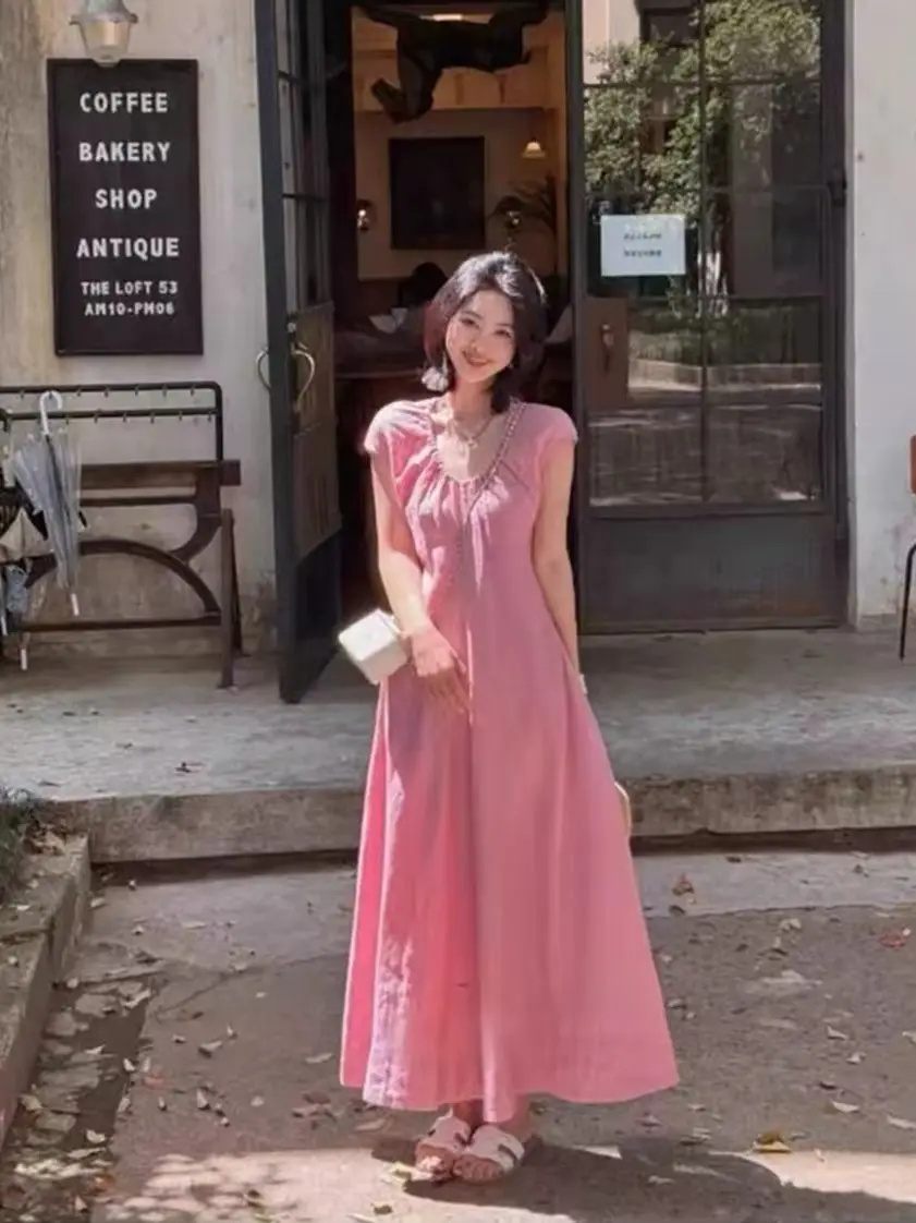 

Women's summer solid color linen dress