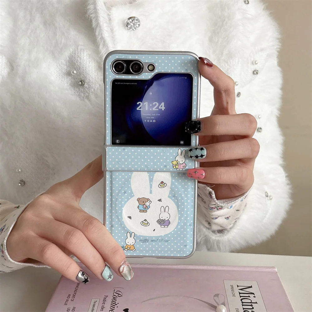 Cute Miffy Bunny Bear Polka Dot Magnetic PU Leather Phone Case For Samsung Z Flip 8 7 6 5 4 Full Hinge Anti‑Drop Folding Cover