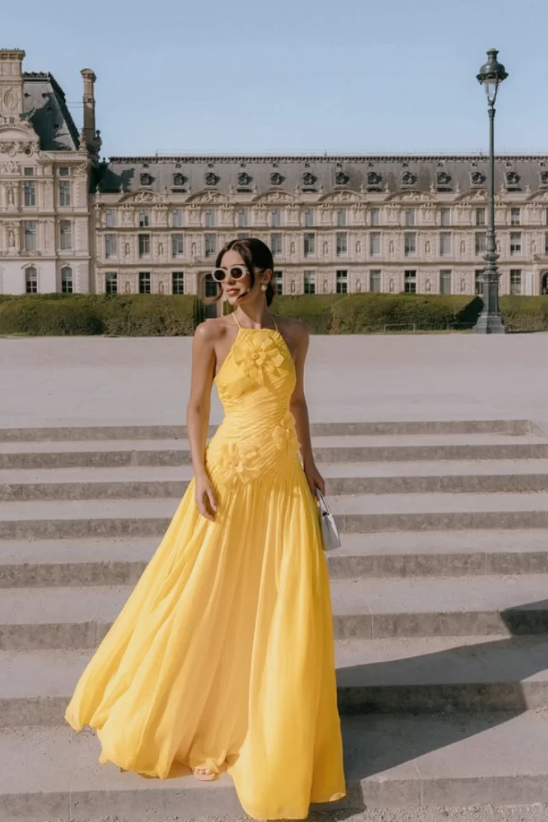 Jessica 3D Handmade Flowers Evening Dresses Exquisite Yellow PromDresses Halter Neck A-line Women's Party DressesCustomized