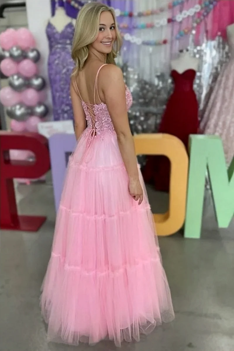 Women'S Sweet V Neck Spaghetti Strap Prom Dresses Long With Applique Sleeveless Tulle Formal Evening Dress Party Cocktail Gown