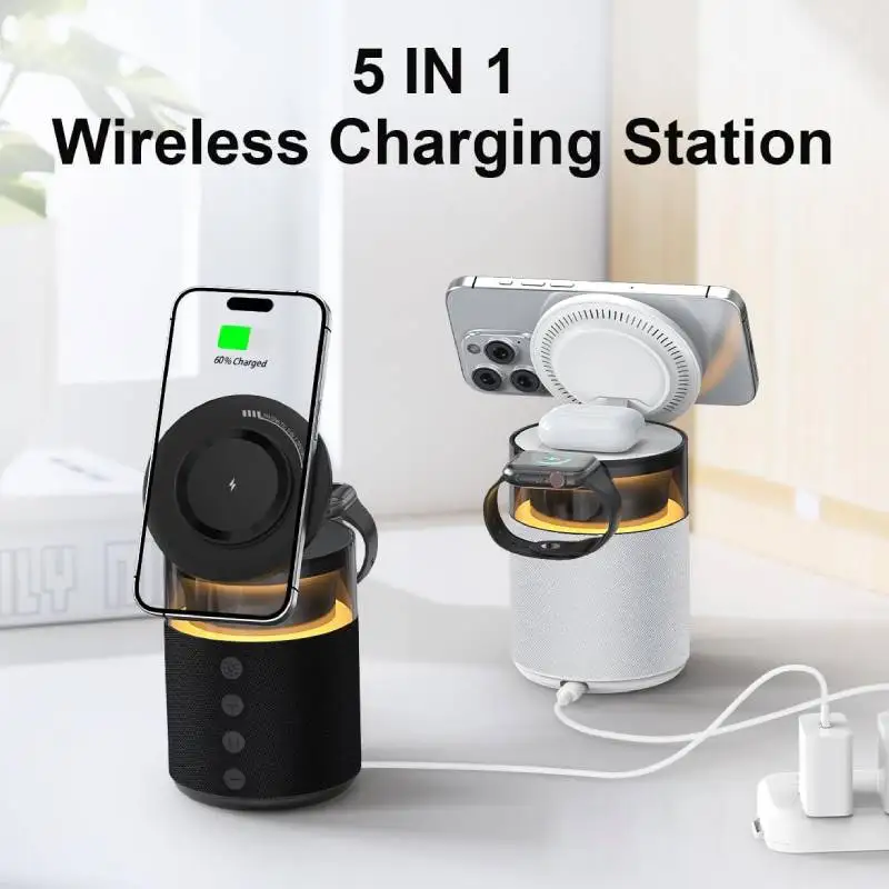 5 في 1 شاحن لاسلكي مغناطيسي سريع مكبر صوت ليلي لهاتف iPhone 17 16 15 14 13 12 Pro Max iWatch 11 AirPods 4/3 Pro
